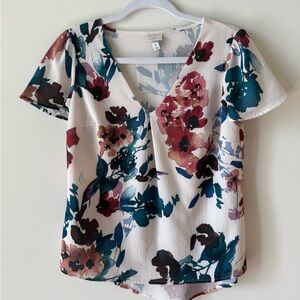 a new day Floral V-Neck Blouse - Cream, Red, Green